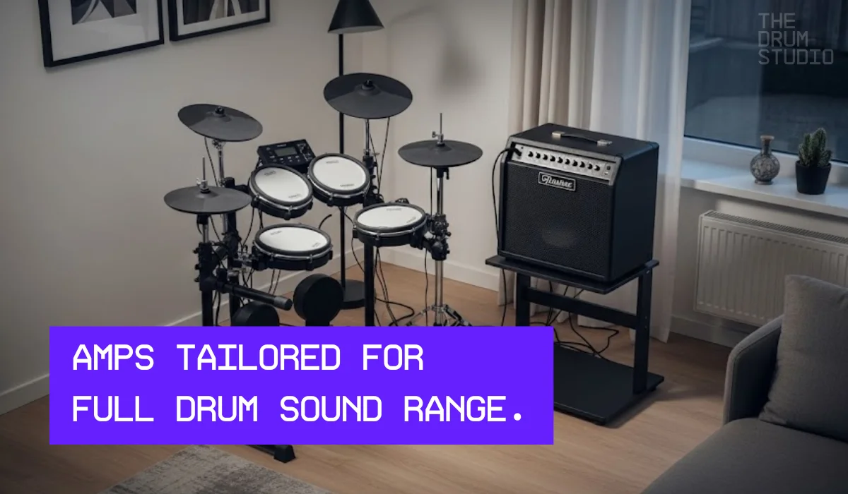 Electronic drum kit with amplifier set up in home studio.