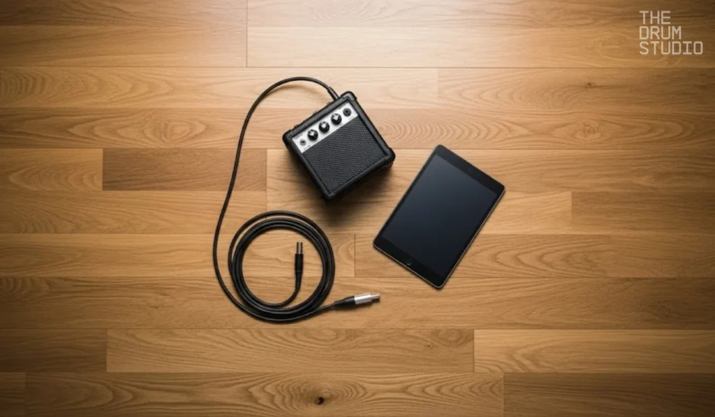 Small amp, tablet, and cable placed neatly on wooden floor.