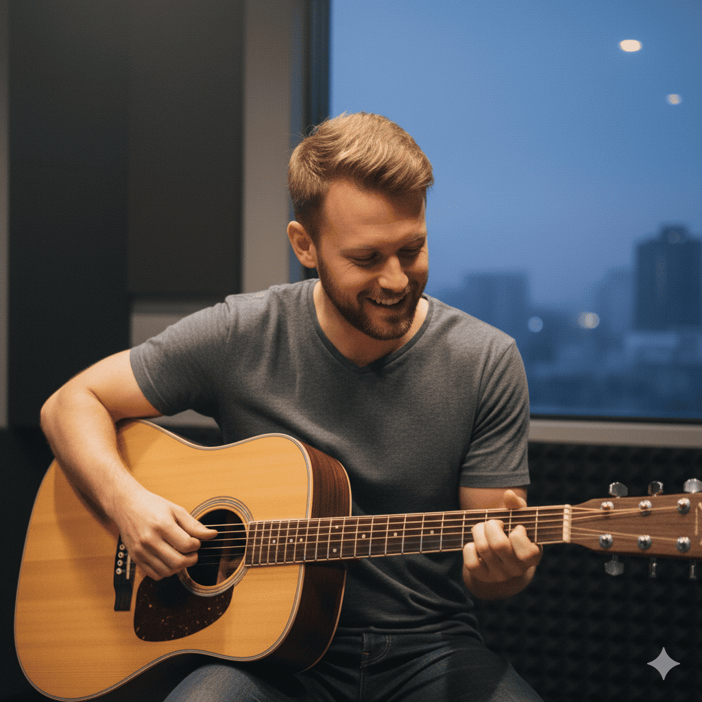 Male playing guitar with a city scape in a window behind