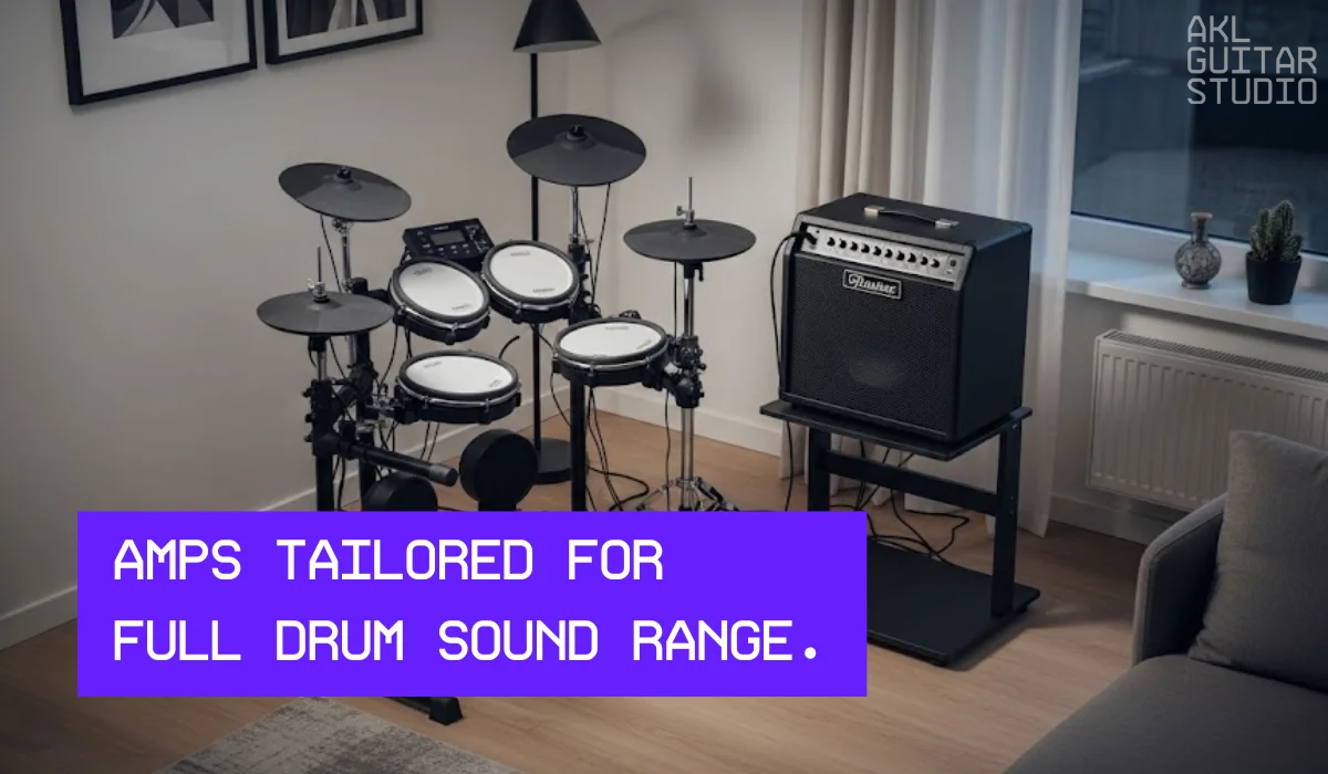 Electronic drum kit with amplifier set up in home studio.